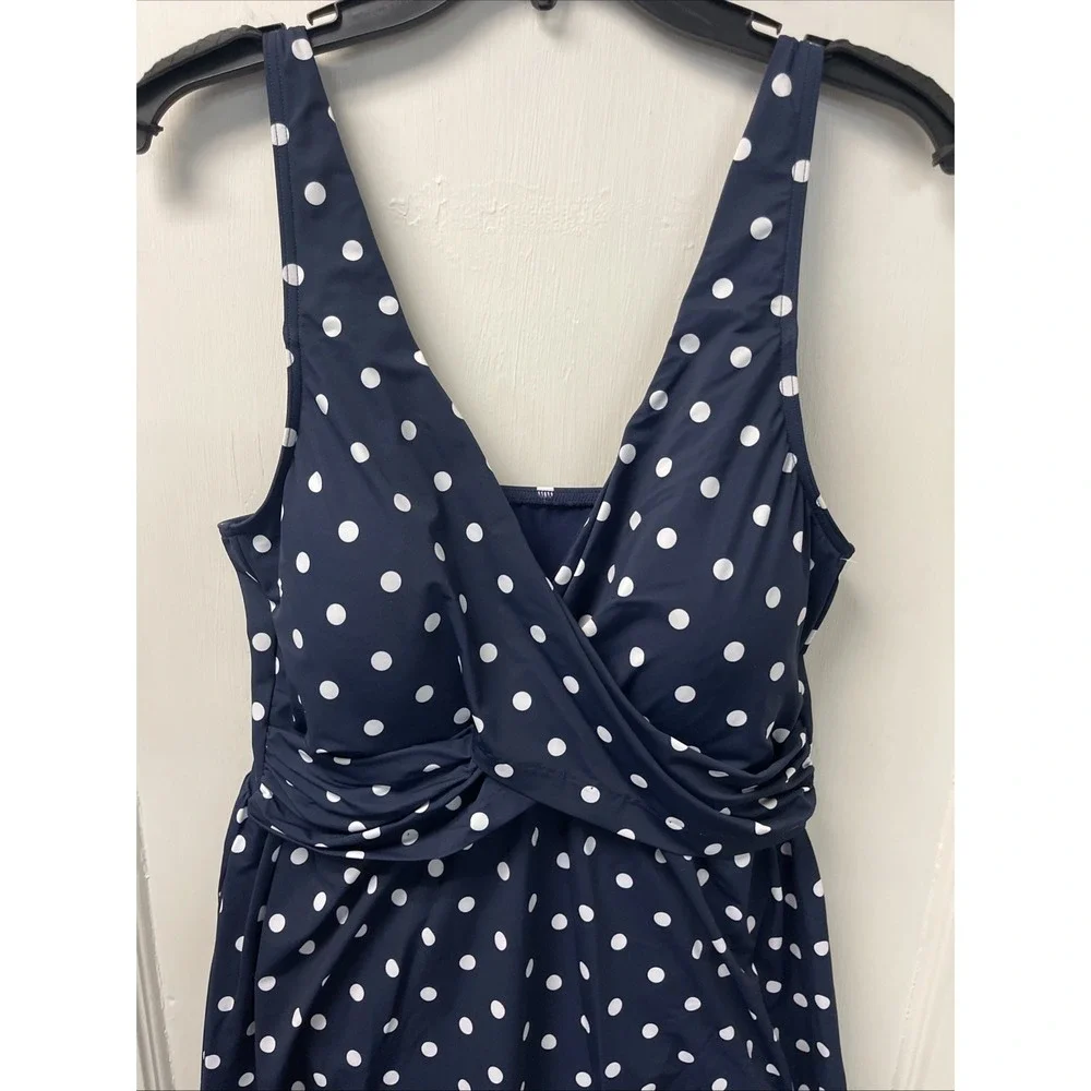Lands' End Swim Dress Women 14 Polka Dot Twist Front V-Neck Modest One Piece